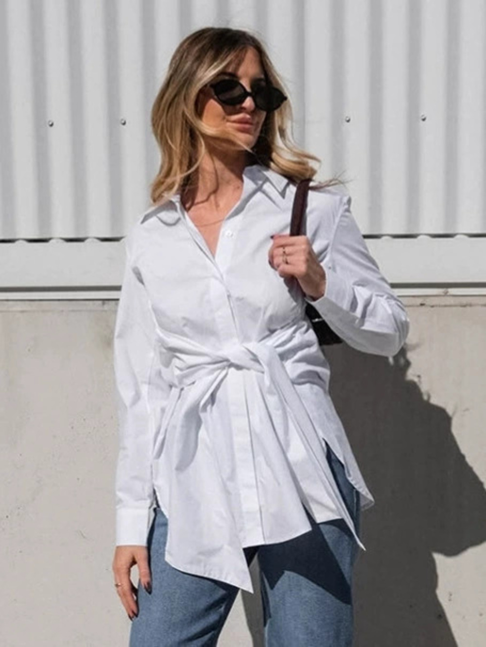Forever 21 White Tie Waist Cotton Blouse Fall Turn Down Collar